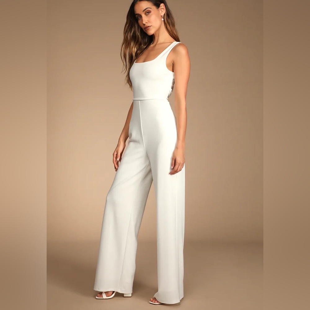 Lulu’s Positive Twist White Sleeveless Twist-Back Wide-Leg Bridal Jumpsuit XS